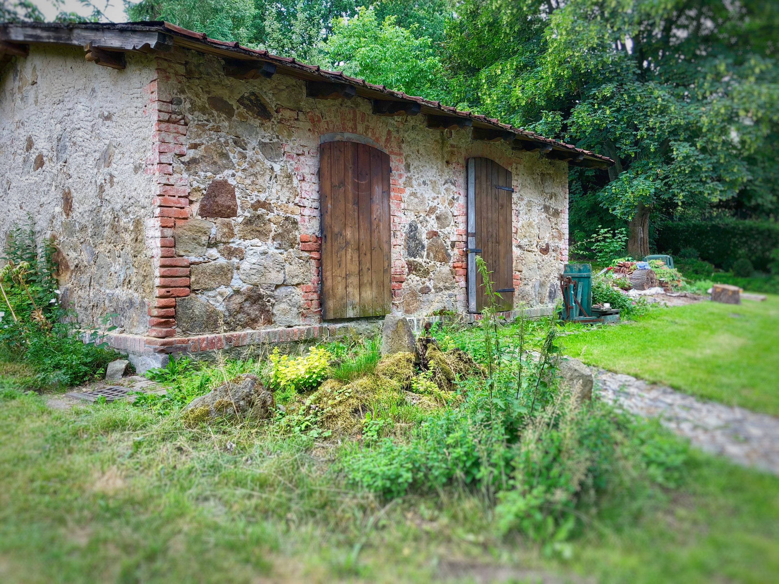 ceglany niski dom w naturze z drewnianymi drzwiami